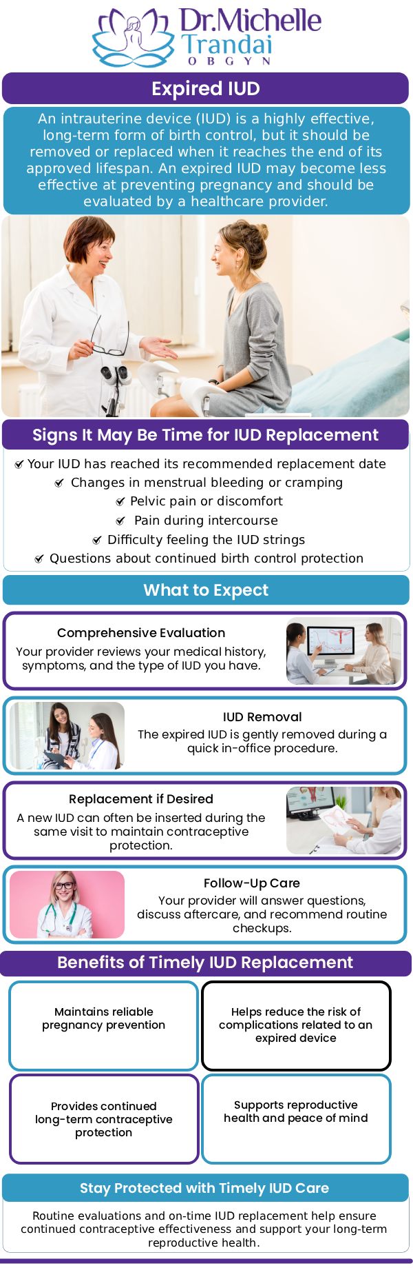 An expired IUD can lead to changes in your body, such as irregular bleeding, cramping, or reduced contraceptive effectiveness. Understanding these signs is essential to ensuring your reproductive health and preventing potential complications. Visit Dr. Michelle Trandai, MD, for physical evaluation and assessment. For more information, contact us or schedule an appointment online. We are conveniently located at 5449 N Broadway, Chicago, IL 60640.