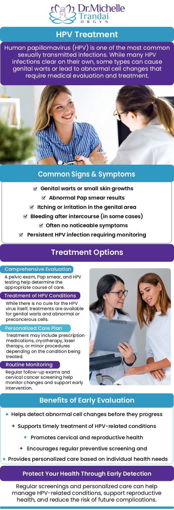 To fully understand this condition, it is essential to first learn about the definition of human papillomavirus (HPV) and identify the common symptoms of HPV that patients may experience. Dr. Michelle Trandai, MD, helps recognize that the critical association between HPV and cervical cancer is a vital step for long-term preventative care and routine screening. Ultimately, anyone affected will need to consult with a medical professional to explore the available treatments for HPV to safely manage the virus and address any resulting health complications. For more information, contact us or request an appointment online. We are conveniently located at 5449 N Broadway, Chicago, IL 60640.