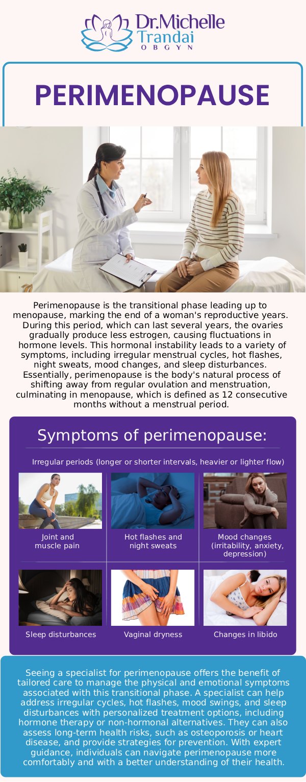 Perimenopause is the natural transition leading up to menopause, often causing disruptive symptoms like hot flashes, irregular periods, night sweats, and mood swings as estrogen levels fluctuate. At Dr. Michelle Trandai, we provide compassionate, specialized care to help you comfortably navigate these physical changes. Through highly personalized treatment plans—including lifestyle guidance and targeted hormone therapy—Dr. Trandai minimizes your symptoms and restores your quality of life. For more information, contact us or request an appointment online. We are conveniently located at 5449 N Broadway, Chicago, IL 60640.